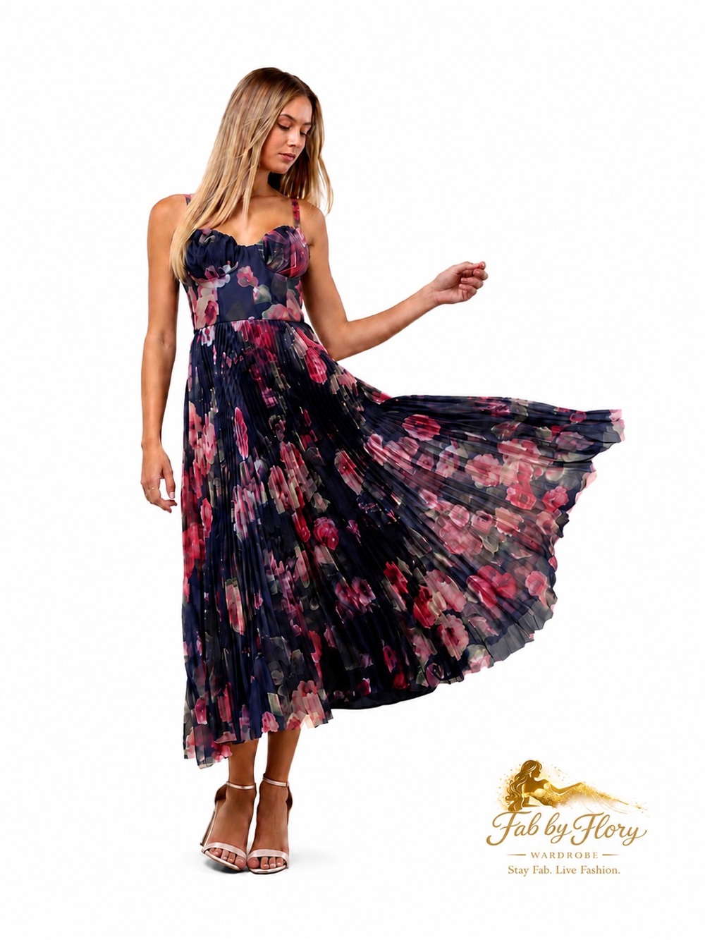 Lulus Alluring Invite Midnight Blue Floral Pleated Bustier Midi Dress